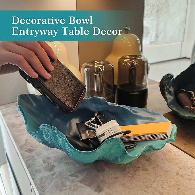 Extra Large Clam Shells Decorative Bowl-Caribbean Blue Sea Shells Decorative Storage Bowls for Coastal Beach theme house table centerpiece decorations & Nautical decor for coffee table-12.4"-1PC