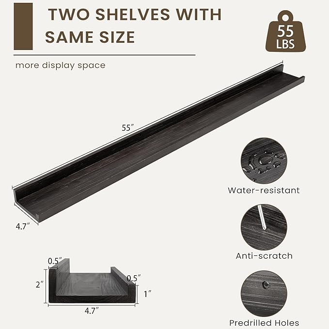 Floating Shelves for Wall, Picture Ledge Shelf 55 Inch Solid Wood Set of 2, Rustic Wall Shelves with Lip, Kids Bookshelf, Photo & Picture Live Edge Floating Shelves for Bedroom, Living Room, Kitchen