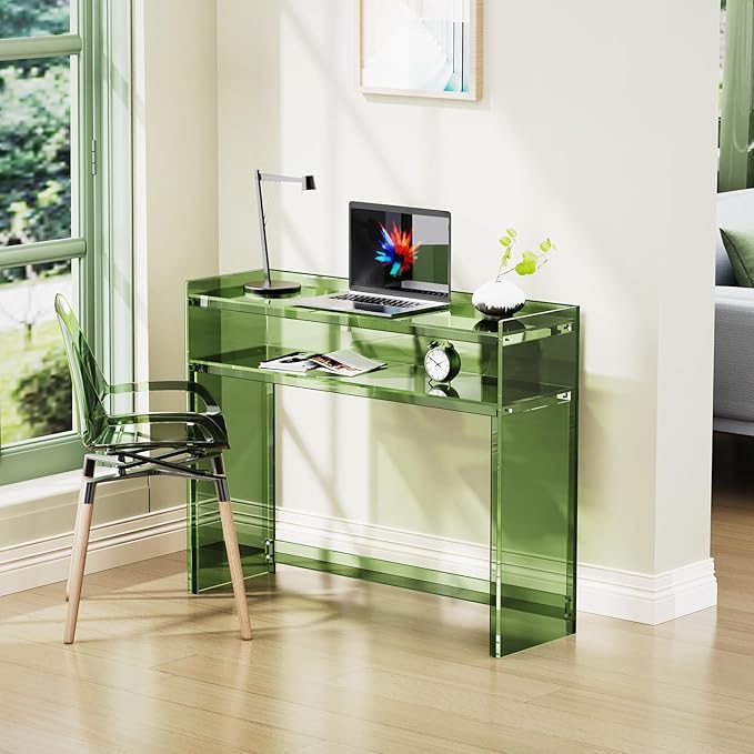 Acrylic Console Table, Entryway Table with Storage Shelves (Green)