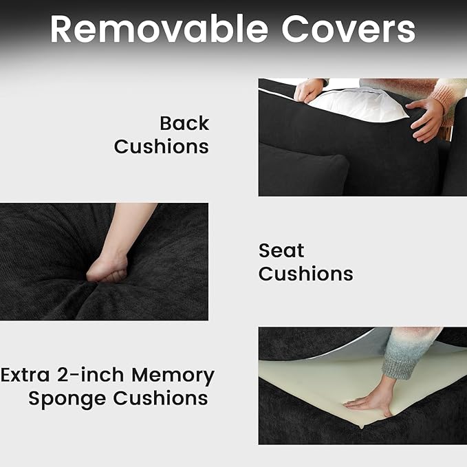 JACH Sectional Couches for Living Room, 3 Seater Cloud Sectional Couch with Deep Seat, Down Filled Modular Sofa, Covers Removeable & Washable, Sofas Furniture for Living Room, Black