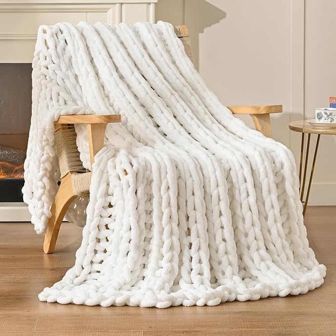 Esterra Chunky Knit Blanket Throw, 100% Handmade Chenille Throw Blanket 50"x60", Soft Thick Yarn Cable Knit Crochet Throw Blanket Rope Knot Throw for Couch Bed Sofa, Bright White