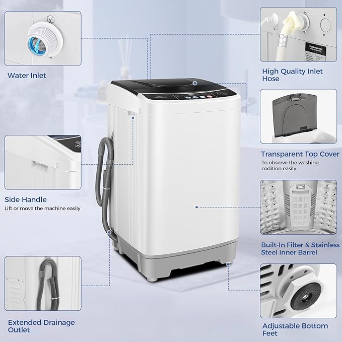 Nictemaw Portable Washing Machine 20Lbs Portable Washer Machine with Drain Pump, 2.8 Cu.ft Compact Washer with 10 Programs 8 Water Levels Small Washing Machine for Apartment, Home, Dorms, Rv