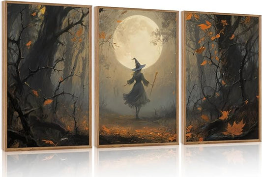 Aurlan Moonlight Witch in The Maple Forest Framed Wall Art(16"x24"), 3PCS Vintage Magical Witchy Gothic Halloween Canvas Artwork, Dark Academia Mystical Midnight Landscape Decor for Home Office Bedroom