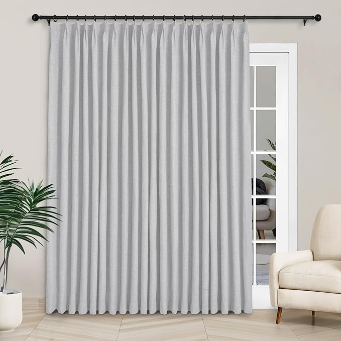 Macochico 100”Wx102”L 100% Blackout Pinch Pleated Linen Curtains for Sliding Door Bedroom Living Room Farmhouse Thermal Insulated Silver Grey Burlap Drapes with Tieback 1 Panel Shabby Chic Style