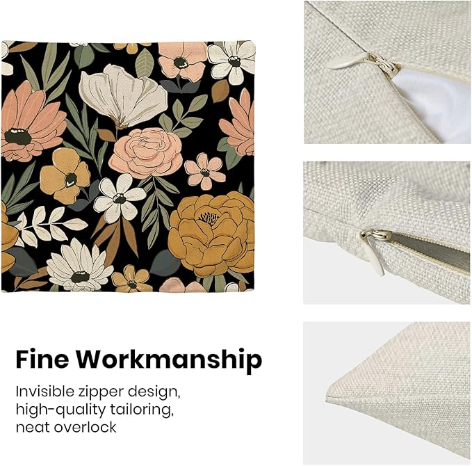 CXMEIFLY Spring Floral Pillow Covers 16 x 16 Inch Set of 2 for Vintage Pink Mustard Yellow Cream Flowers Decor Throw Pillows Plant Black Outdoor Decorative Cushion Cases for Couch Bed Decorations