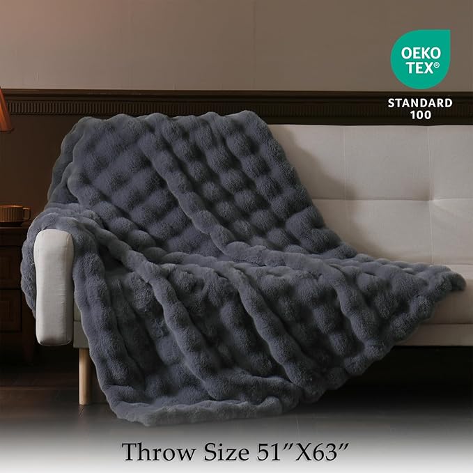 BENVWE Faux Fur Throw Blanket for Couch - Thickened Fluffy Soft Bubble Blanket for Living Room Home Decor - Fathers Day Birthday Gifts for Women Men, Grey, 50" x 60", 1300GSM