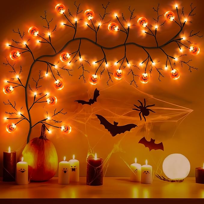 7 Ft 63 LED Halloween Decorations Willow Vine Twig Garland with 8 Modes Timer 21 Pumpkin Orange Lights, Halloween Garland with Waterproof Battery Operated for Indoor Wall Fireplace Decorations