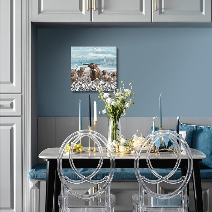 Canvas Wall Art Bathroom Coastal Boho Farmhouse Highland Cow Flower Picture Floral Artwork Rustic Country Landscape Longhorn Animal Painting for Living Room Bedroom Kitchen Décor Blue Brown Small