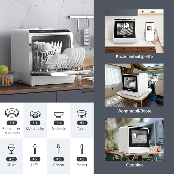 Portable Dishwasher Countertop, WIFI Smart Dishwasher, Compact Mini Dishwashers with 5L Built-in Water Tank, 6 Programs, 360° Dual Spray, High-Temp& Air-Dry Function, Fruit Cleaning