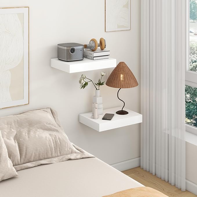 Deep Floating Shelves for Wall | 12 Inch Deep White Floating Shelves Set of 2 | 16W x 12D Rustic Wood Wide Wall Shelves | Bookshelf Laundry Shelf TV Shelf