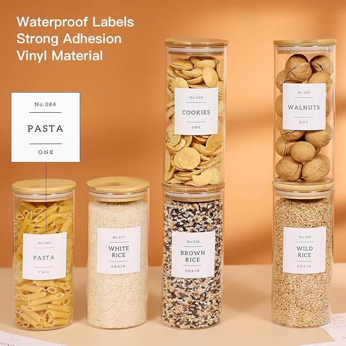 6 Pack Glass Jar with Airtight Bamboo Lid and White 132 Kichen Pantry Labels Preprinted - 28 Oz Clear Round Glass Food Storage Containers set For Tea Coffee Bean Cookie