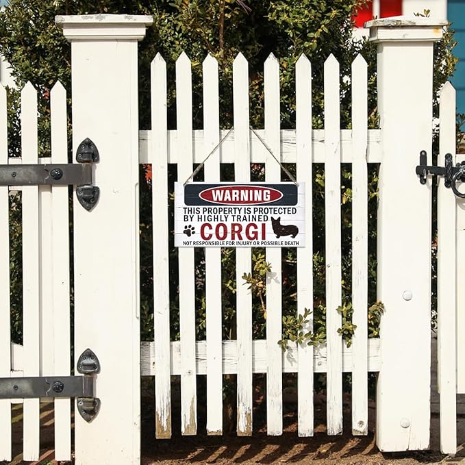 Funny Warning Sign - The Property is Protected By Highly Trained Corgi - Decorative Wood Hanging Plaque, Wall Decor, Owner Home Decor, Door Gate Hanger, Front Porch Sign