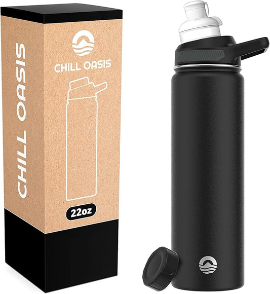 Chill Oasis Water Bottle | Compatible With Popular Flavor Cartridges | BPA Free, Leak Proof, Double-Walled Vacuum Insulated Stainless Steel, and Dishwasher Safe | Cold for 24 Hours (Black, 22oz)