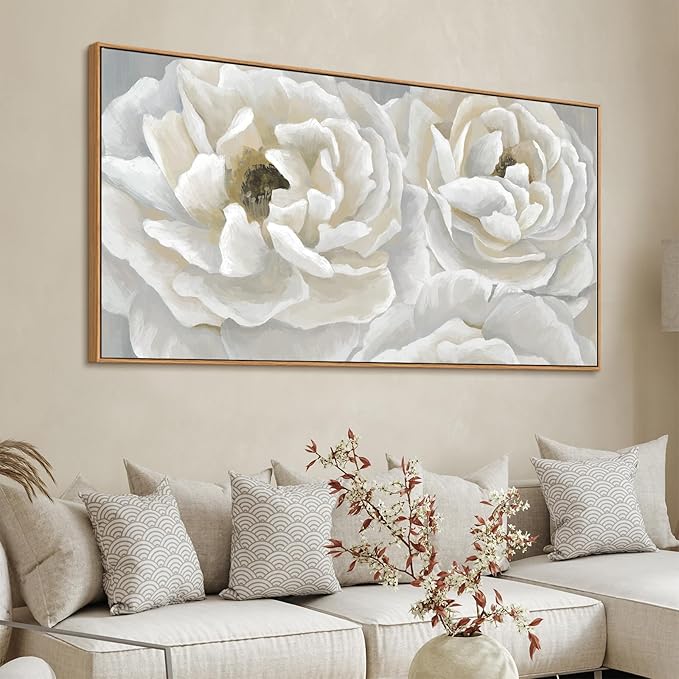 arteWOODS Cream White Flowers Framed Wall Art - Soft Peony Pictures for Wall Decor Elegant Blossom Flower Painting Artwork Botanical Prints for Living Room Home Office Wall Decoration 29" x 58"
