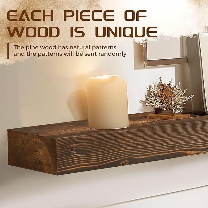 48x8x3 Fireplace Mantel - Solid Rustic Wood - Wall Mounted Floating Shelf with Invisible Heavy Duty Steel Bracket (Weathered Brown)