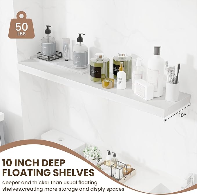 Fun Memories 10 Inch Deep Shelves, Floating Shelves for Wall 48 Inches Long, Wood Floating Shelves for Wall, Large Storage Shelves Wall Mount for Living Room Bedroom, White, Set of 1