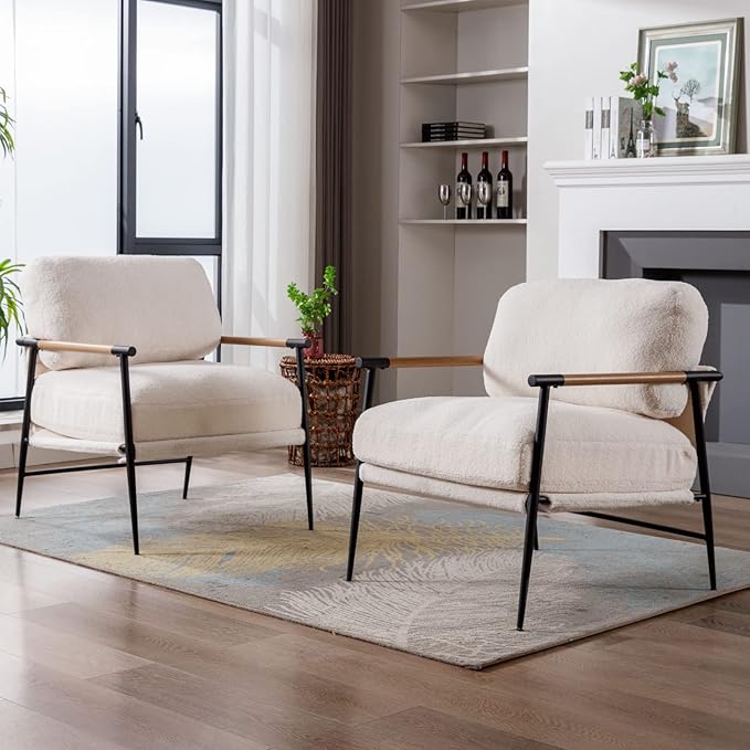 Mid-Century Accent Chair, Soft Armchair Sherpa Fabric Lounge Chair with Black Metal Legs, Upholstered Leisure Chair for Living Room Bedroom Reception Room, 1PC, White