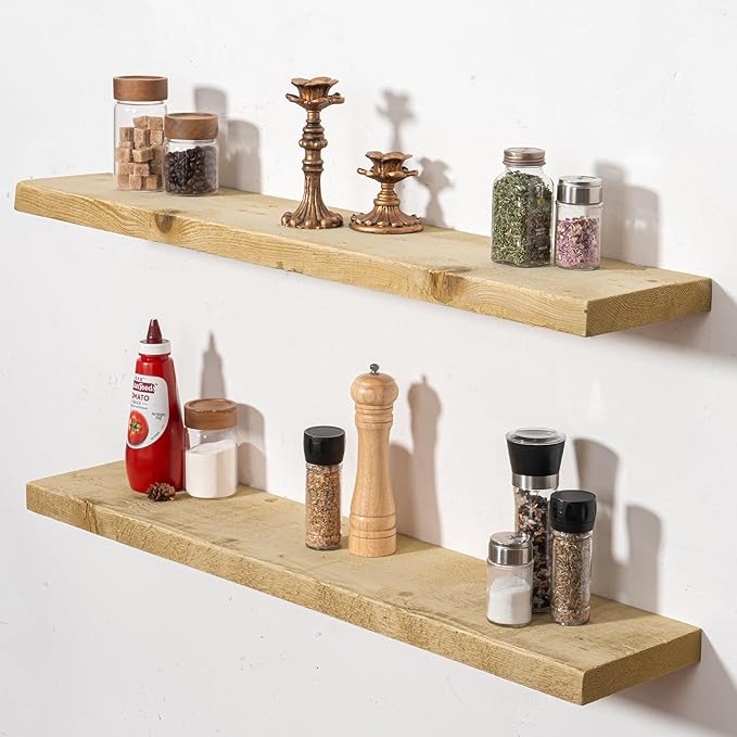 Fun Memories Floating Shelves for Wall Decor, 36"x8" Rustic Reclaimed Wood Shelves, Heavy-Duty Wall Mounted Shelves with Invisible Brackets, Set of 2for Living Room, Bedroom, Kitchen, Natural Finish