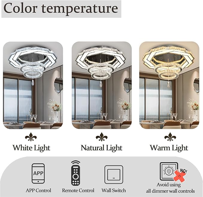 Flashing God Crystal Chandeliers Dia 32" Silver Elegant Chandelier Flush Mount Ceiling Light for Bedroom Living Room Dining Room Hallway Dimmable 3 Rings LED Celing Lighting Fixtures