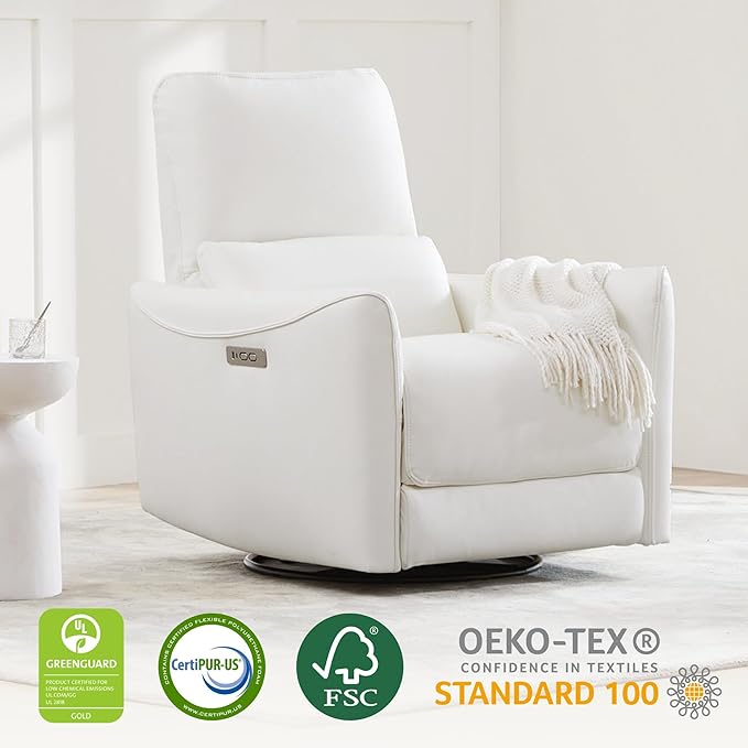 CHITA Power Recliner Chair Swivel Glider, FSC Certified Upholstered Faux Leather Living Room Nursery Reclining Sofa Chair with Lumbar Support, White