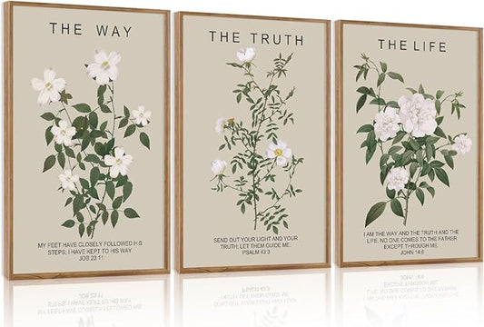 Aurlan The Way The Truth The Life Bible Verse Framed Wall Art(16"x24"), 3PCS Boho Christian Scripture Canvas Artwork, Large Floral Botanical Job 23:11 Psalm 43:3 John 14:6 Decor for Home Bedroom