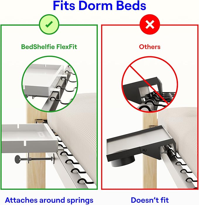 BedShelfie Bedside Shelf for Bunk Bed & Top Bunk, College Dorm Room Essentials, Loft Nightstand, Floating Bed Side Table Tray Storage, Dorm Room Decor by Smallish - (Flexfit Model, White)