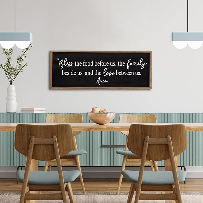 Bless the Food Before Us Sign Wall Decor 40"X15" Large Farmhouse Dining Room Wall Decor Framed Wood Rustic Home Wall Art Kitchen Decoration (Wood Black)