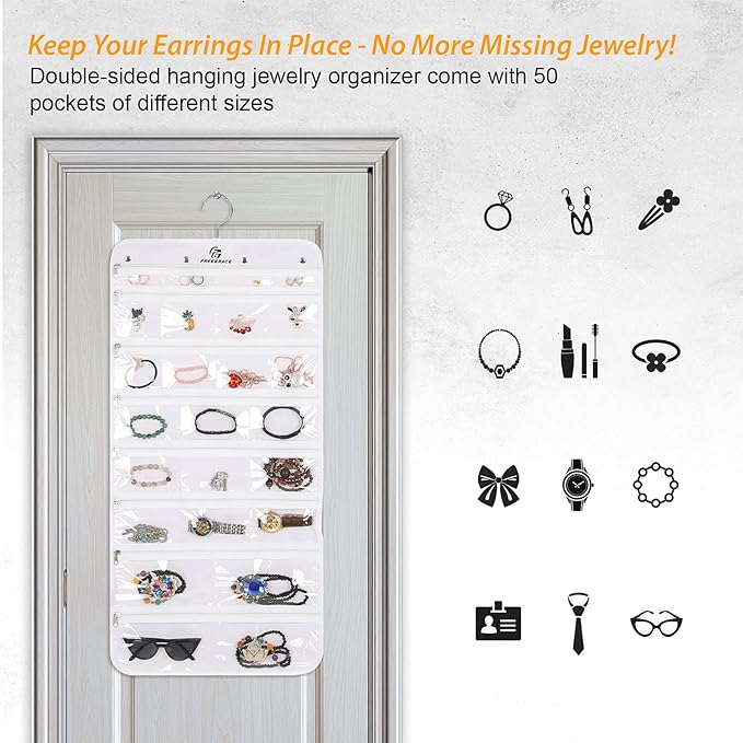 Freegrace Hanging Jewelry Organizer Revolving Hanger - Secure Zipper Closure - 25 Pockets,23 Hooks - Foldable Storage & Display Solution - For All Jewelry & Bijoux (White)