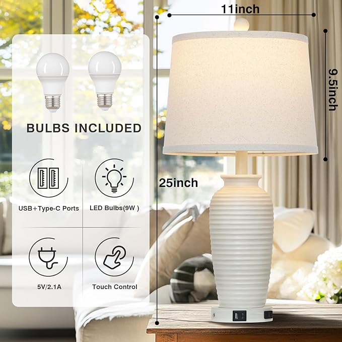 25" Farmhouse Jar Table Lamps Set of 2,Rustic Cream Pot Table Lamp for Bedroom, Living Room,3 Way Touch Control Rustic Bedside Lamps with USB A+C Ports & AC Outlet(LED Bulbs Included)