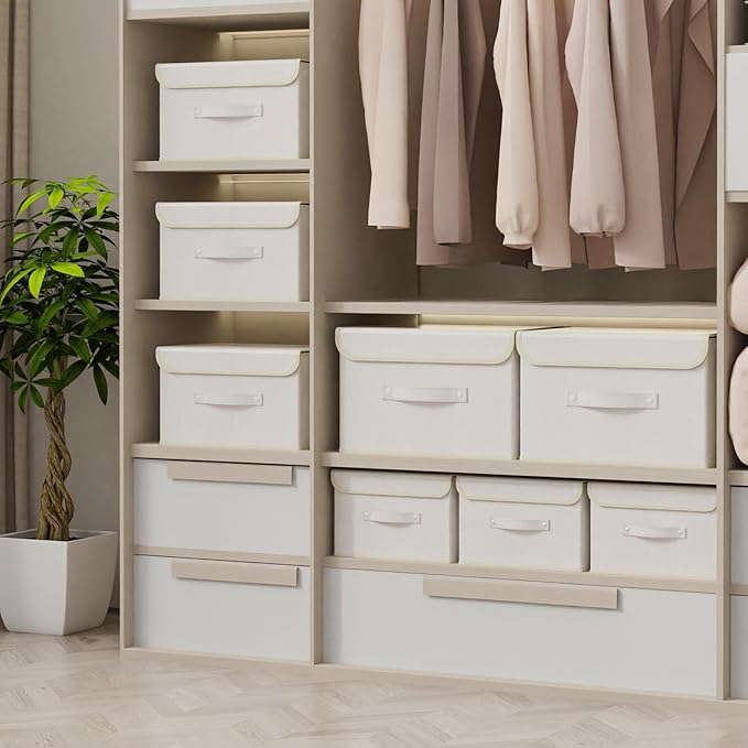 Fabric Storage Bins Cube Organizers with Flip-Top Lid and Handles,Storage Boxes for Organizing Home,Office,and Closet,Beige,3 Pack 15 x 9.8 x 9.8 in