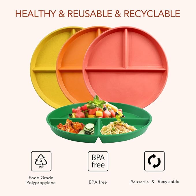 greenandlife 9 Inch 4PCS Unbreakable Portion Control Plates, Divided Plates for Kids Adults, Dishwasher & Microwave Safe Compartment Plate, Lightweight Reusable Wheat Straw Plate, BPA Free