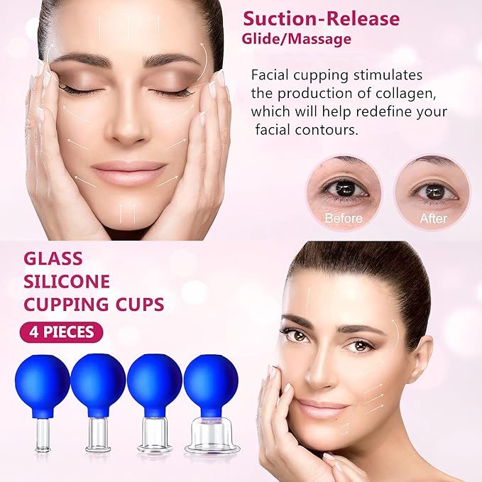 4 Size Facial Cupping Therapy Set Glass, Eye Face Vacuum Massage Anti Cellulite Cup - Silicone Cupping Massage Therapy, for Beauty Body Cup Fascia Massager (Gift Box Packaging-Blue)