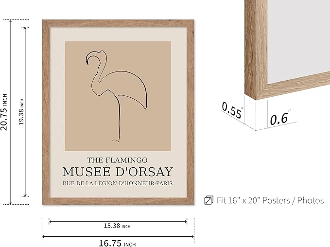 Poster Master Vintage Poster - Retro Minimalist Print - Gift for Artist, Housewarming - Flamingo, Line Drawing, Sketch, Abstract - Wall Decor for Living Room, Bedroom, 16x20 Beige Framed