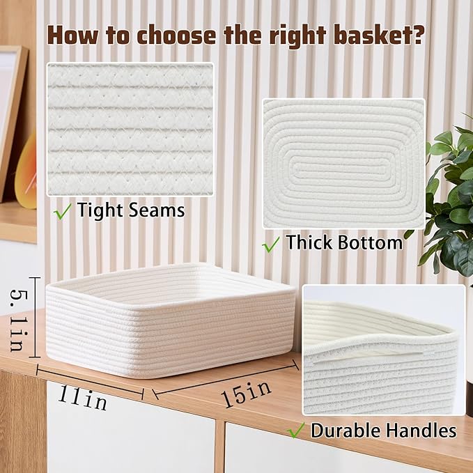 Large Shallow Organizing Baskets 15x11x5.1 Inches - Rope Woven Storage Bins for Bathroom, Shelves, Cube Closet, Off White 2 Packs