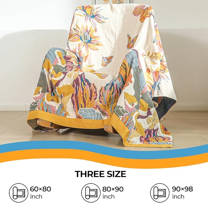 Boho Throw Blanket for Bed,100% Cotton Breathable Muslin Soft Throw, Fall Bed Throw Blanket Floral Bird Butterfly Printed Decor Large Blankets,80"×90" Rustic Farmhouse Throw for Sofa Couch Chair
