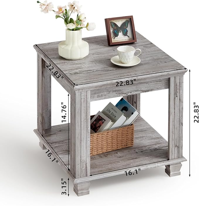 Farmhouse End Table,Large Side Table with 2-Tier Storage Shelf,Rustic Wood End Tables for Living Room,Square Tea Table,Gray