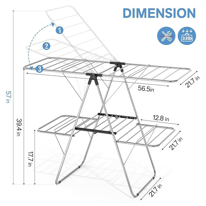 APEXCHASER Clothes Drying Rack with 4 Wings, Drying Rack Clothing with Height-Adjustable, Foldable Gullwings Laundry Drying Rack, Indoor Outdoor Use, No Assembly, Black