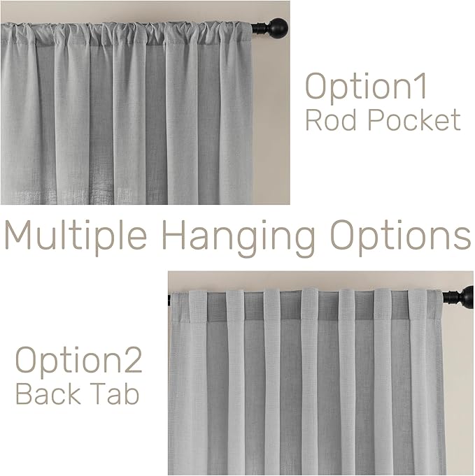 Joydeco Linen Curtains for Living Room,Light Filtering Rod Pocket Back Tab Semi Sheer Drapes Window Long Curtains 96 inches Long Ebony Grey