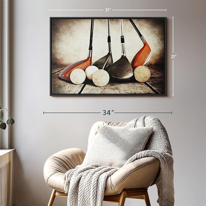 Elephant Stock Golf Sets Wall Art - Horizontal Framed Canvas - 1-Piece Mancave Wall Decor - Photography Sports Canvas Print - Yellow and Brown Decor for Wall - 31" X 21"