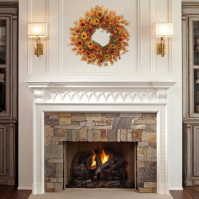 22 inch Artificial Fall Wreaths for Front Door,Autumn Wreath with Eucalyptus Leaves and Chrysanthemum Suitable for Indoor Outdoor Harvest Festival Thanksgiving Day Farmhouse Holiday Decor.