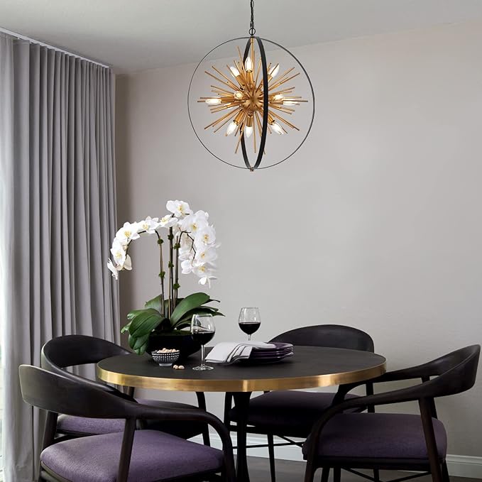 23.2'' Black Gold 12-Light Globe Sputnik Chandelier Modern Industrial Adjustable Hanging Ceiling Firework Pendant Light Fixture for Entryway Foyer Bedroom Dining Living Room Hallway