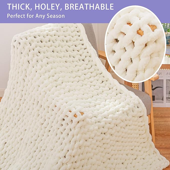 Bigacogo Chunky Knit Throw Blanket for Couch, 40x60 inches, 100% Hand Knitted with Thick Jumbo Chenille Yarn, Cozy Soft Large Rope Knot Cable Crochet Blankets for Sofa Bed Living Room, Ivory