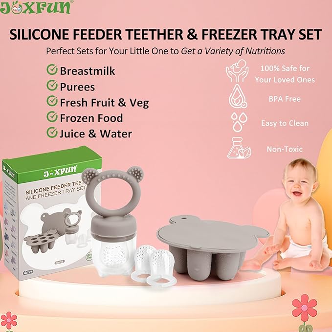 JEXFUN Silicone Baby Fruit Food Feeder Pacifier & Breastmilk Popsicle Freezer Molds, Double as Baby Teething Toys, Freezable Feeding Set for Breast Milk Ice Cubes, Food, Vegetable Purees - (Sand)