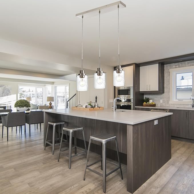 3-Light Farmhouse Chandelier Light Fixture Brushed Nickel Clear Seeded Glass Dining Room Hanging Modern Pendant Lighting Over Table,Traditional Ceiling Lights for Kitchen Island Entryway