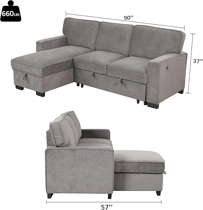 EBELLO Convertible Sleeper Sofa 3 in 1, Chenille Modern L-Shaped Couches for Living Room, Pull Out Sectional Futon Sofa Bed with Storage Space, USB Ports and Cup Holders for Bedroom, Grey