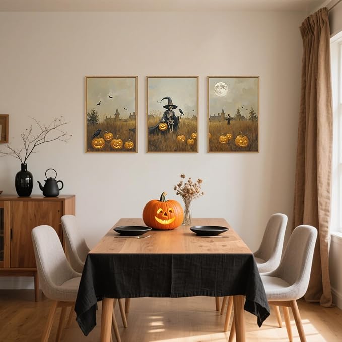 Celestdeco Halloween Ghost Reaper Framed Wall Art Set, Scary Witchy and Pumpkin Wall Decor, Horror Night Wall Painting, Full Moon Bats Art Prints for Living Room,Bedroom,Halloween Themed Party Decoration-24"×36"×3