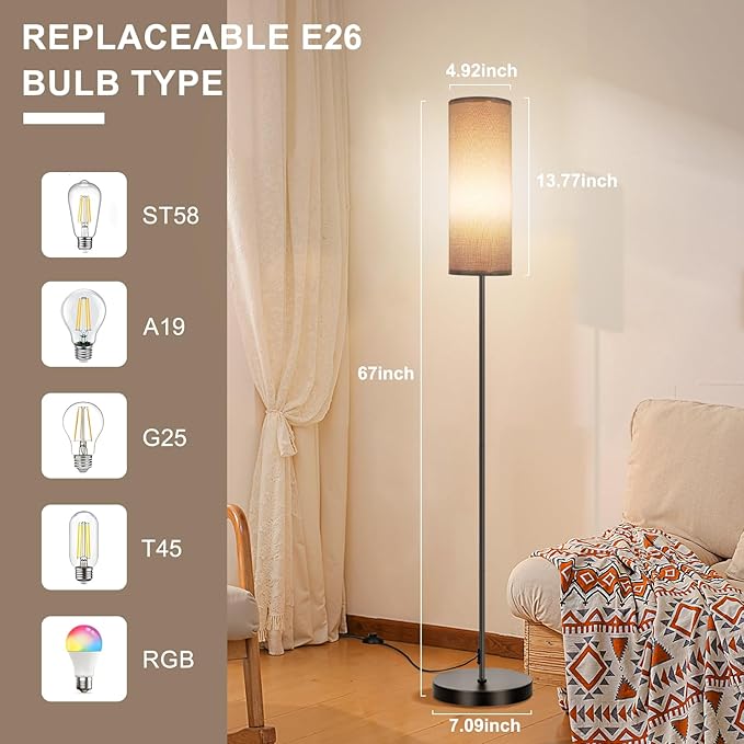 FRIDEKO HOME Gray Floor Lamps for Bedroom, Dimmable Colors Temperature & Brightness, Plug in Modern Floor Lamps for Living Room, Tall Standing Lamps for Office, Corner Lamp, 9W RGB LED Bulb