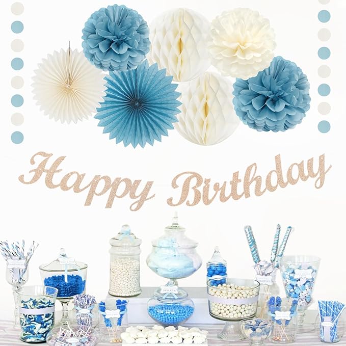 Dusty-Blue White Birthday Party-Decorations Paper-Flowers - 14pcs Happy Banner Boy Lanterns Tissue Pom Poms,Men Streamers Garland Fans Honeycomb,Baby Teen Male Kids Hanging Supplies Decor Hugfond