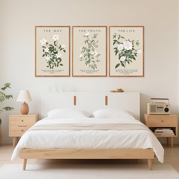 Aurlan The Way The Truth The Life Bible Verse Framed Wall Art(16"x24"), 3PCS Boho Christian Scripture Canvas Artwork, Large Floral Botanical Job 23:11 Psalm 43:3 John 14:6 Decor for Home Bedroom