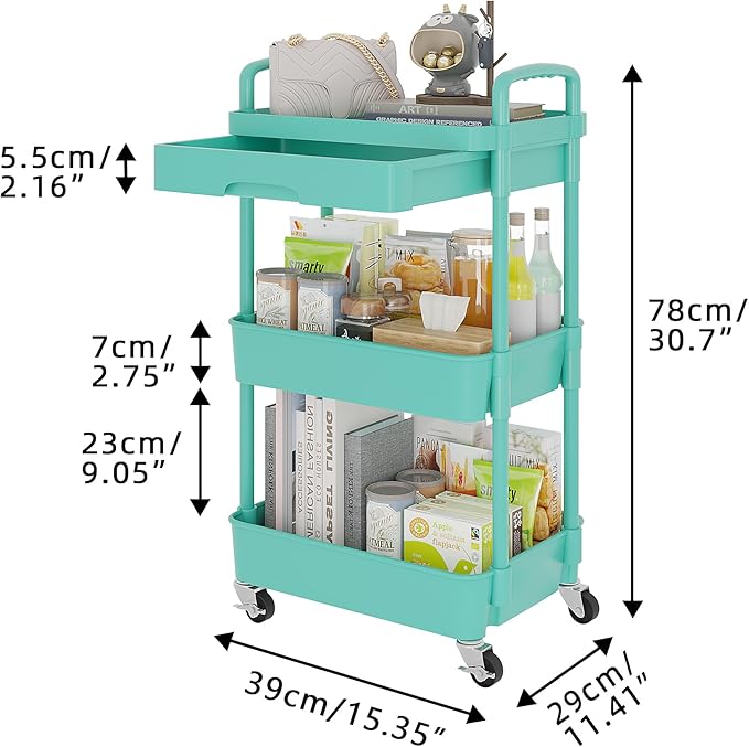 Calmootey 3-Tier Rolling Utility Cart with Drawer,Multifunctional Storage Organizer with Plastic Shelf & Metal Wheel,Storage Cart for Kitchen,Bathroom,Living Room,Office,Green